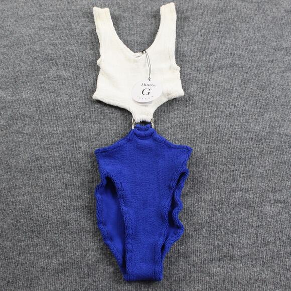 Hunza G Swimsuit Womens One Size White Blue Ring Cut Out Monokini One Piece - Picture 1 of 6